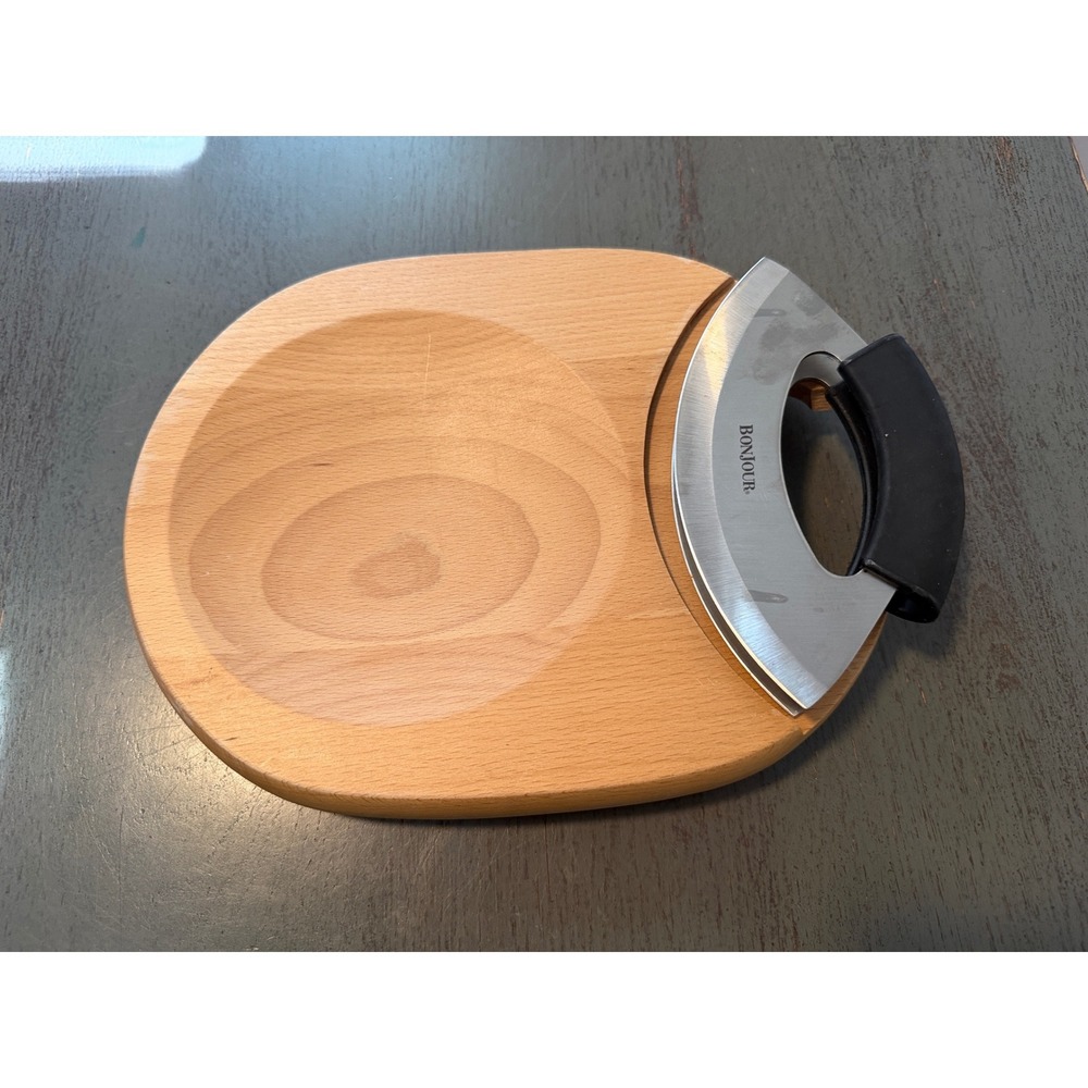 Bonjour Double Blade Mezzaluna Herb Chopper Wood Cutting Board Knife